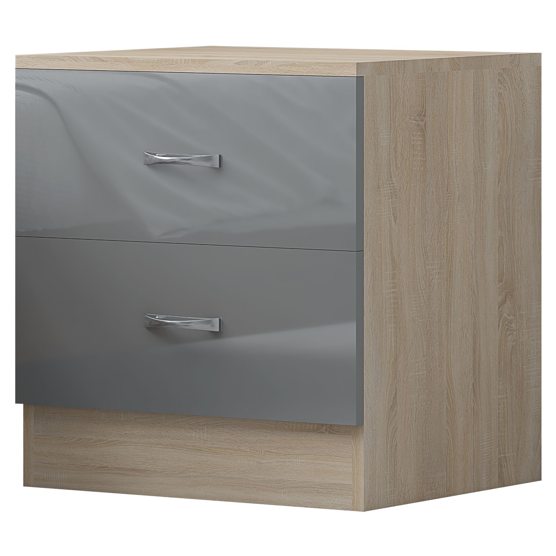 HARMIN GREY HIGH GLOSS ON OAK FRAME 2 DRAWER BEDSIDE CABINET TABLE - Image 2 of 8