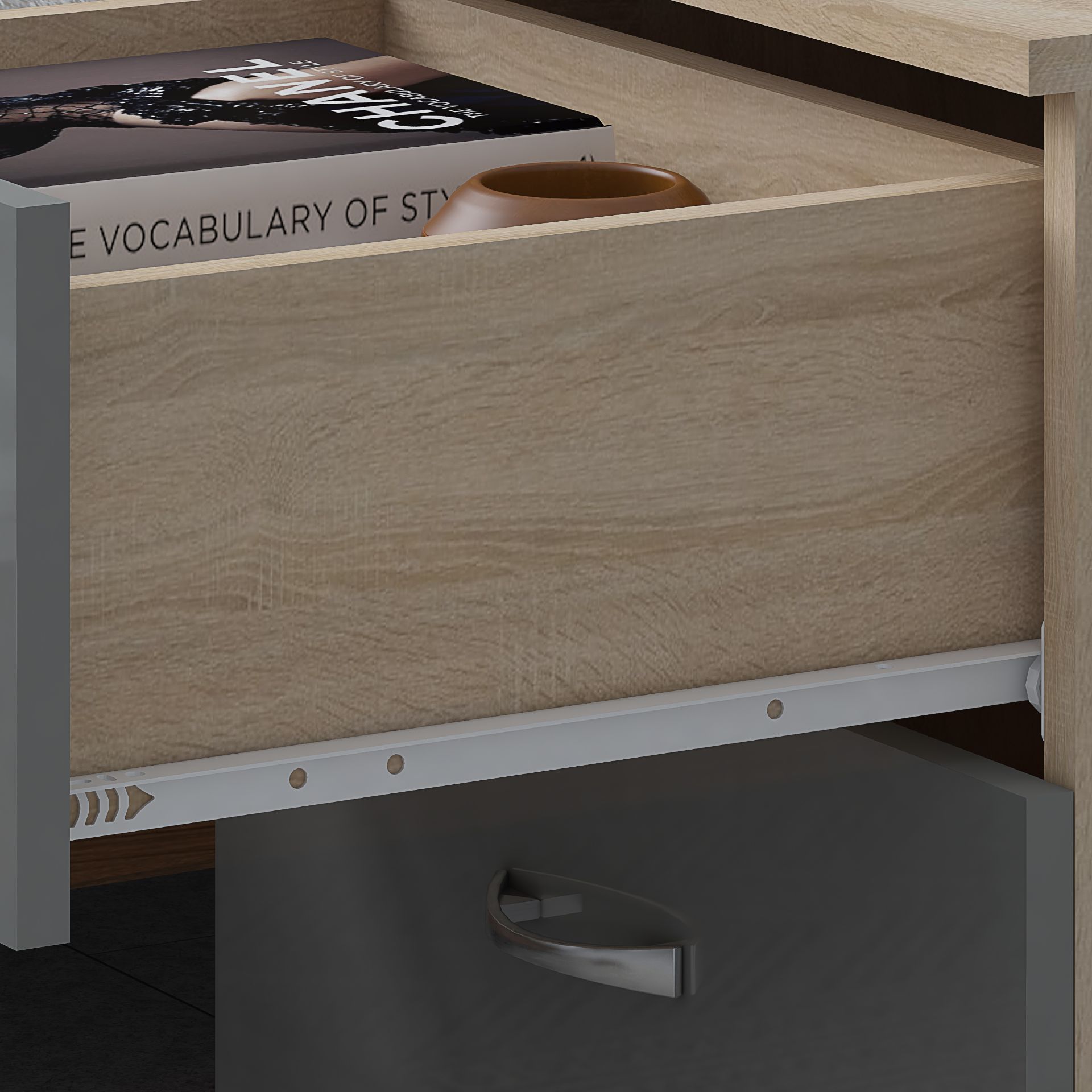 HARMIN GREY HIGH GLOSS ON OAK FRAME 2 DRAWER BEDSIDE CABINET TABLE - Image 8 of 8