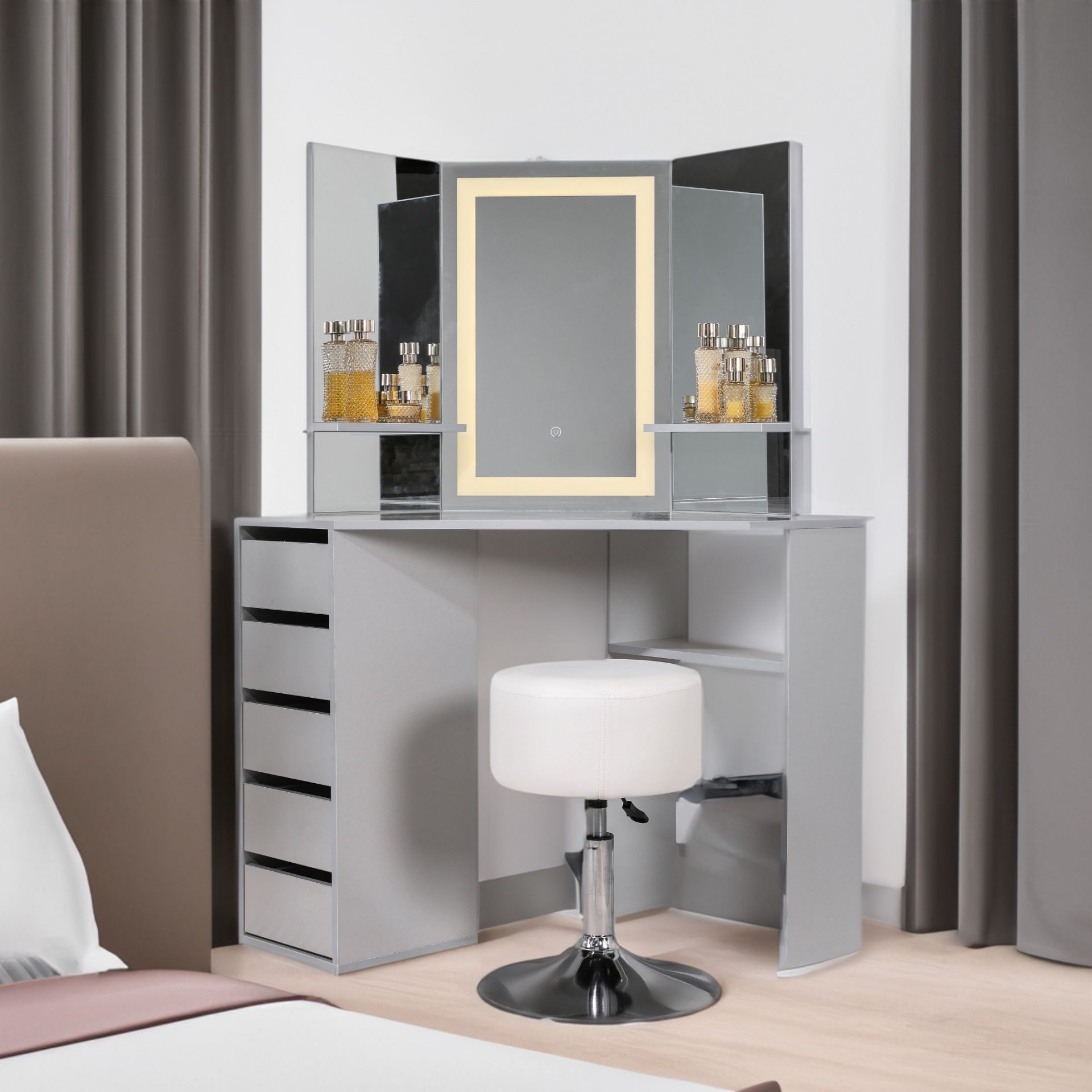 GREY 5 DRAWER MAKE UP CORNER DRESSING TABLE WITH TOUCH LED MIRROR AND STOOL - Image 5 of 6