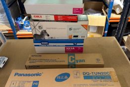 BRAND NEW MIXED OFFICE SUPPLY LOT: ASSORTED PANASONIC, EPSON, LASER TONER CARTRIDGES