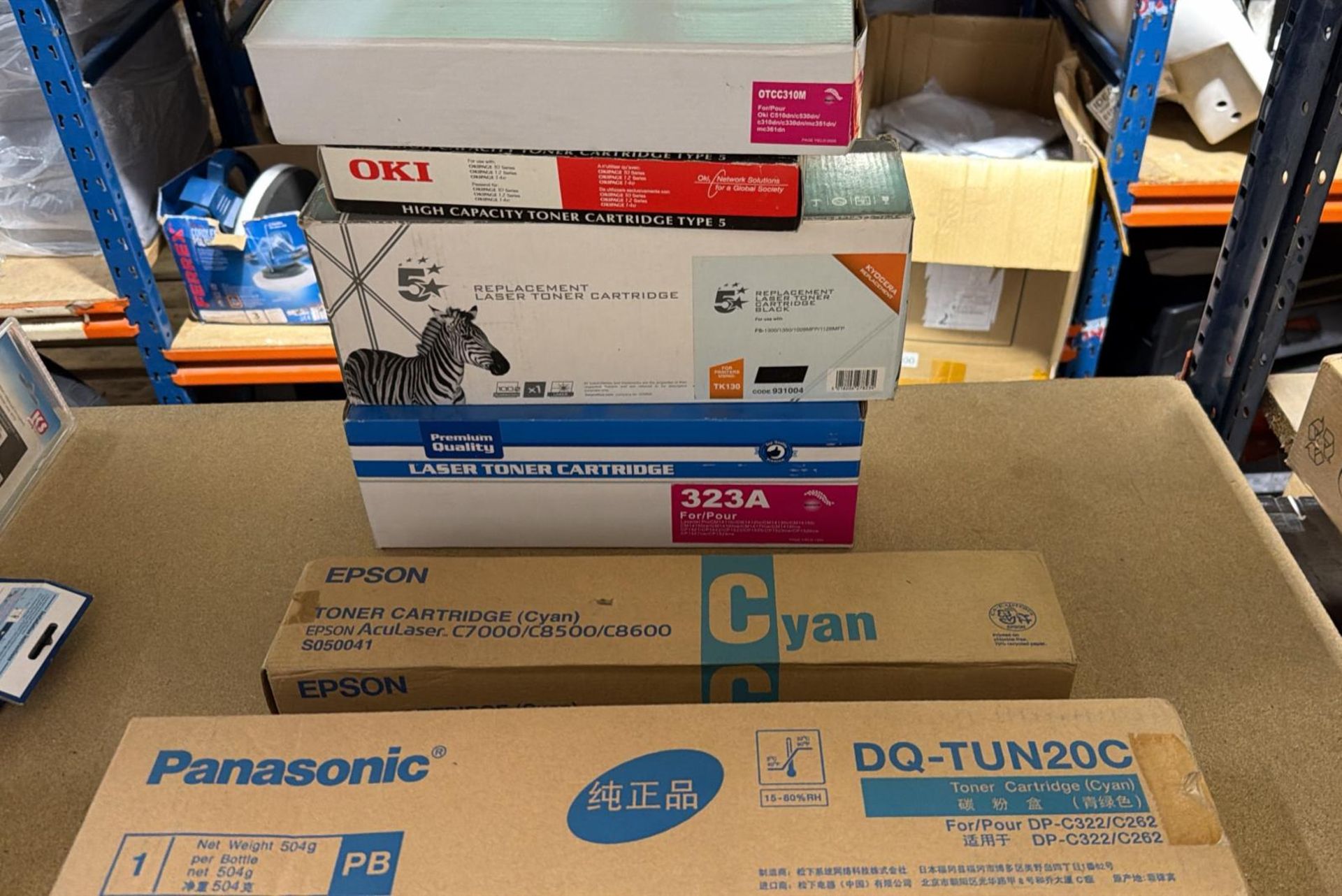 BRAND NEW MIXED OFFICE SUPPLY LOT: ASSORTED PANASONIC, EPSON, LASER TONER CARTRIDGES