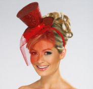 96 X MINI GLITTER TOP HAT HEADBAND RED