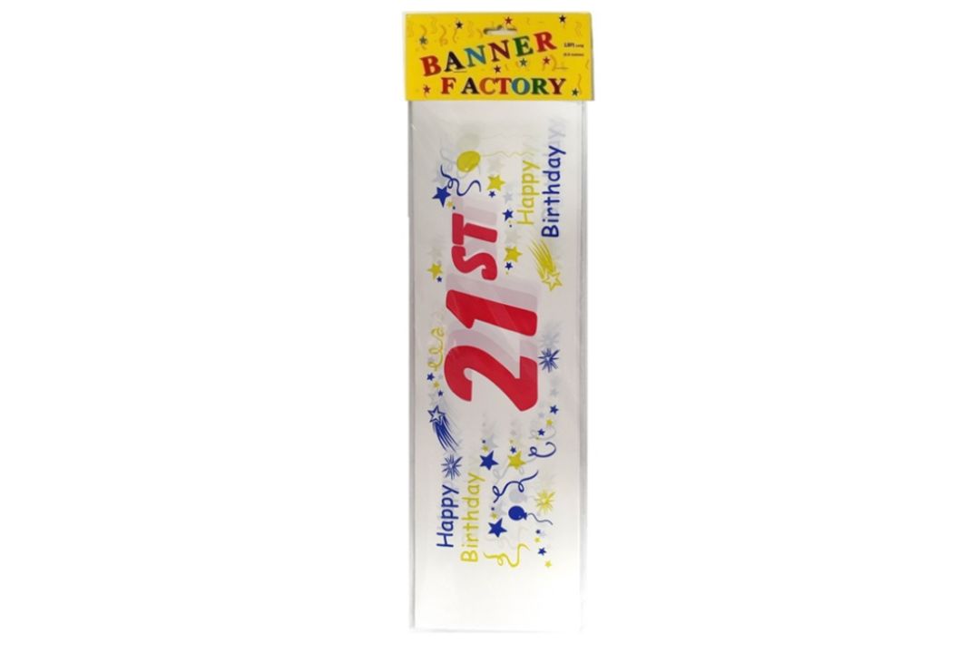 100 X HAPPY 21ST BIRTHDAY BANNER WHITE W/CARD