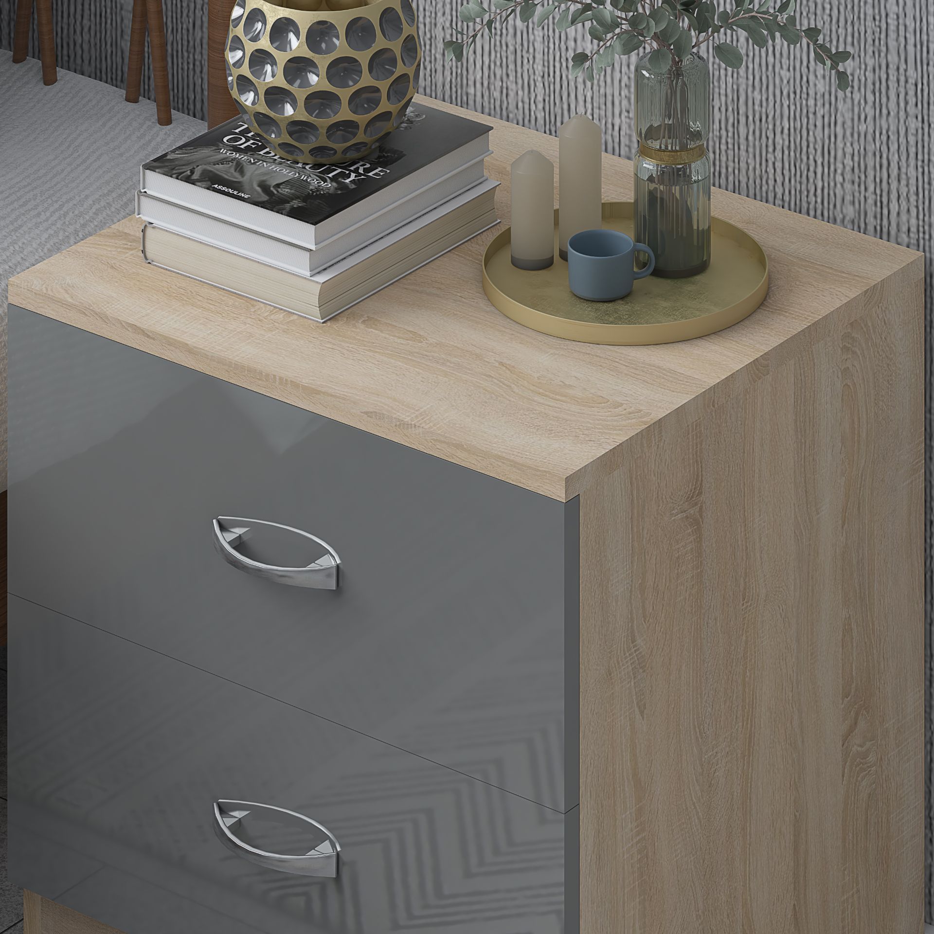 HARMIN GREY HIGH GLOSS ON OAK FRAME 2 DRAWER BEDSIDE CABINET TABLE - Image 5 of 8