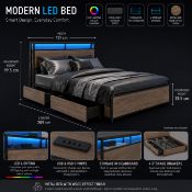 MODERN DOUBLE BED FRAME WITH LED LIGHTING, CHARGING PORTS, STORAGE DRAWERS