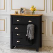 BLACK 5 DRAWER CHEST WITH OAK COLOURED TOP