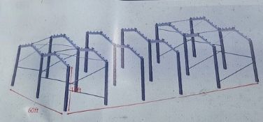 GALVANIZED STEEL FRAMED BUILDING - 60 FOOT TOTAL WIDTH 100 FOOT LONG 18 FOOT TO EAVES
