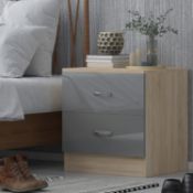 HARMIN GREY HIGH GLOSS ON OAK FRAME 2 DRAWER BEDSIDE CABINET TABLE