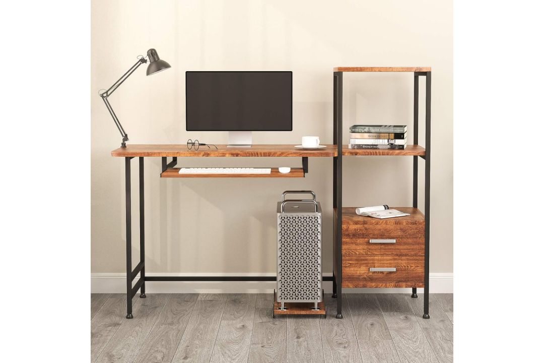 MECOR COMPUTER DESK 2 DRAWER/KEYBOARD TRAY, 55" WORKSTATION FOR HOME OFFICE WALNUT BROWN - Image 5 of 8