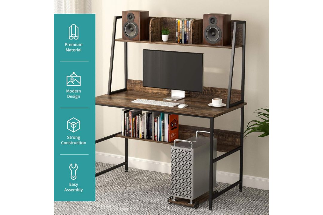 MECOR COMPUTER DESK STUDY FOR HOME OFFICE STORAGE BOOKSHELF AND CPU STAND WALNUT BROWN - Image 6 of 7
