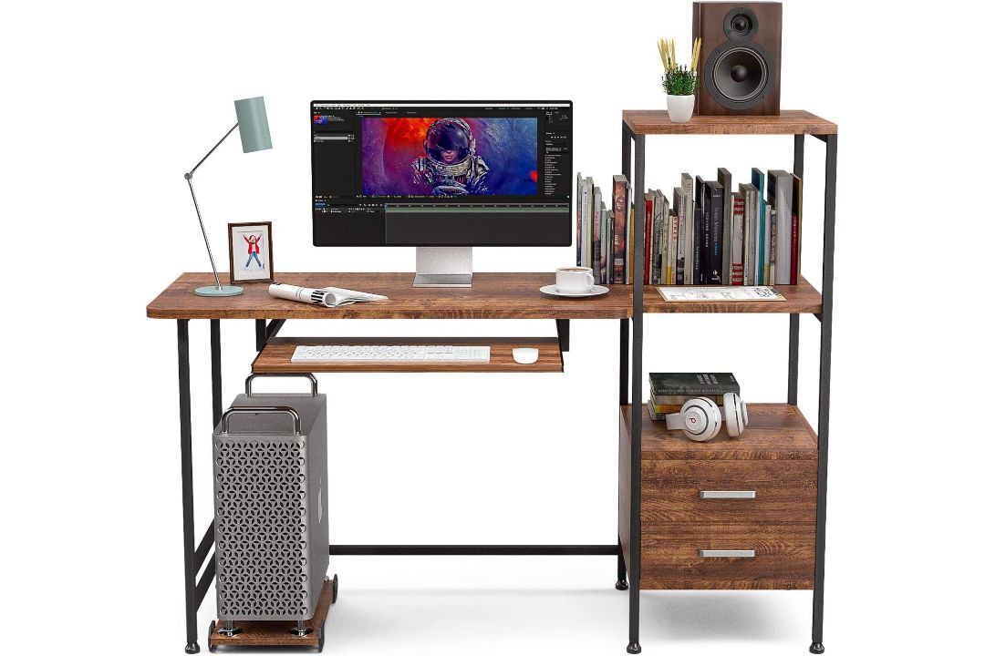 MECOR COMPUTER DESK 2 DRAWER/KEYBOARD TRAY, 55" WORKSTATION FOR HOME OFFICE WALNUT BROWN - Image 8 of 8