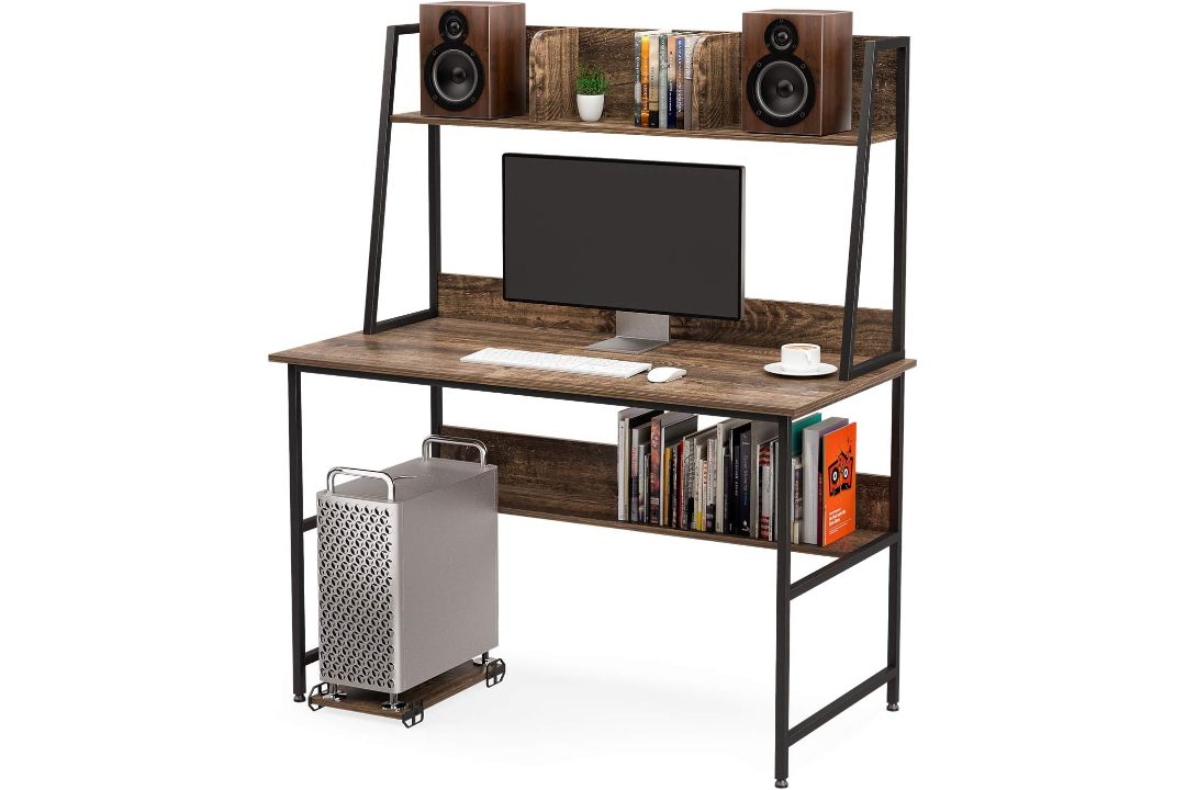 MECOR COMPUTER DESK STUDY FOR HOME OFFICE STORAGE BOOKSHELF AND CPU STAND WALNUT BROWN - Image 2 of 7
