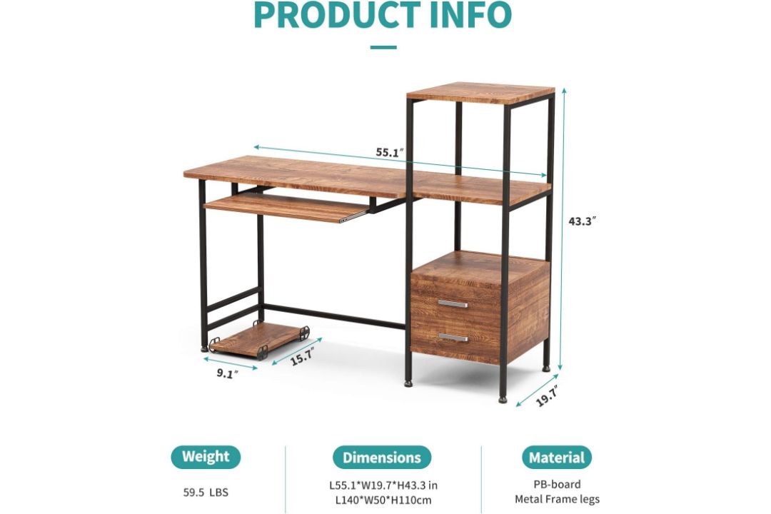 MECOR COMPUTER DESK 2 DRAWER/KEYBOARD TRAY, 55" WORKSTATION FOR HOME OFFICE WALNUT BROWN - Image 2 of 8