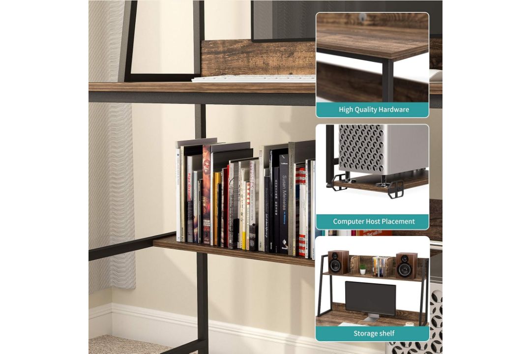 MECOR COMPUTER DESK STUDY FOR HOME OFFICE STORAGE BOOKSHELF AND CPU STAND WALNUT BROWN - Image 7 of 7