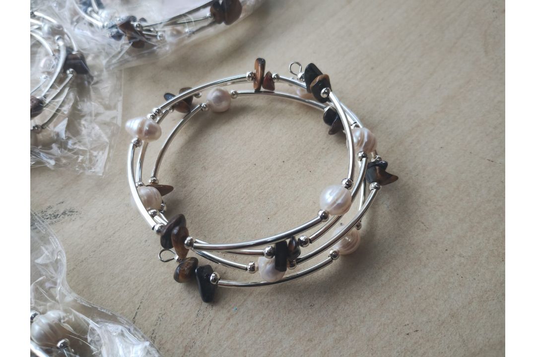 TIGER EYE + PEARL GEMSTONE CRYSTAL WRAP AROUND BANGLES SS - NEW IN ORIGINAL PACKAGING - JOBLOT OF 8 - Image 1 of 3