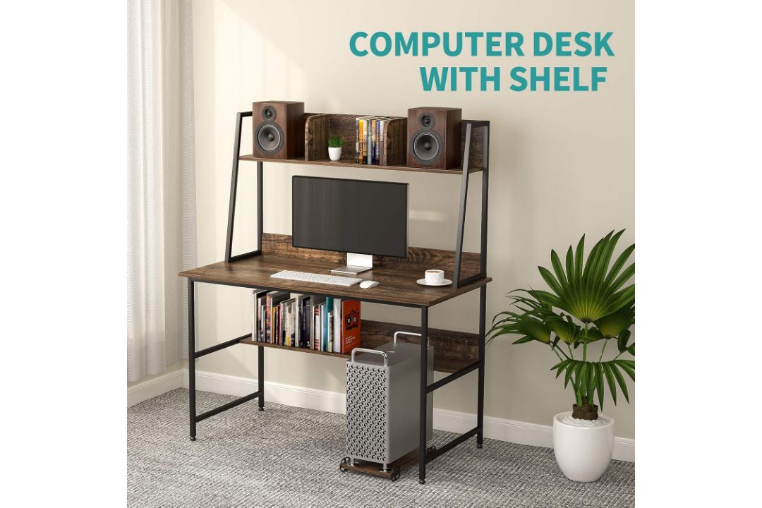 MECOR COMPUTER DESK STUDY FOR HOME OFFICE STORAGE BOOKSHELF AND CPU STAND WALNUT BROWN - Image 5 of 7