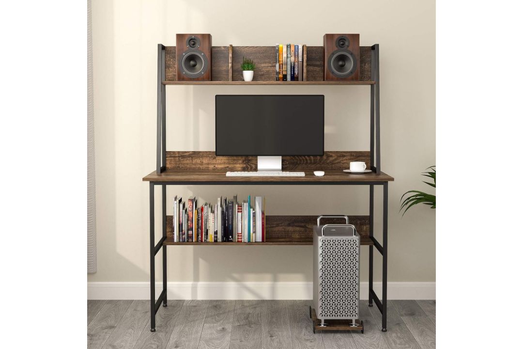 MECOR COMPUTER DESK STUDY FOR HOME OFFICE STORAGE BOOKSHELF AND CPU STAND WALNUT BROWN - Image 3 of 7