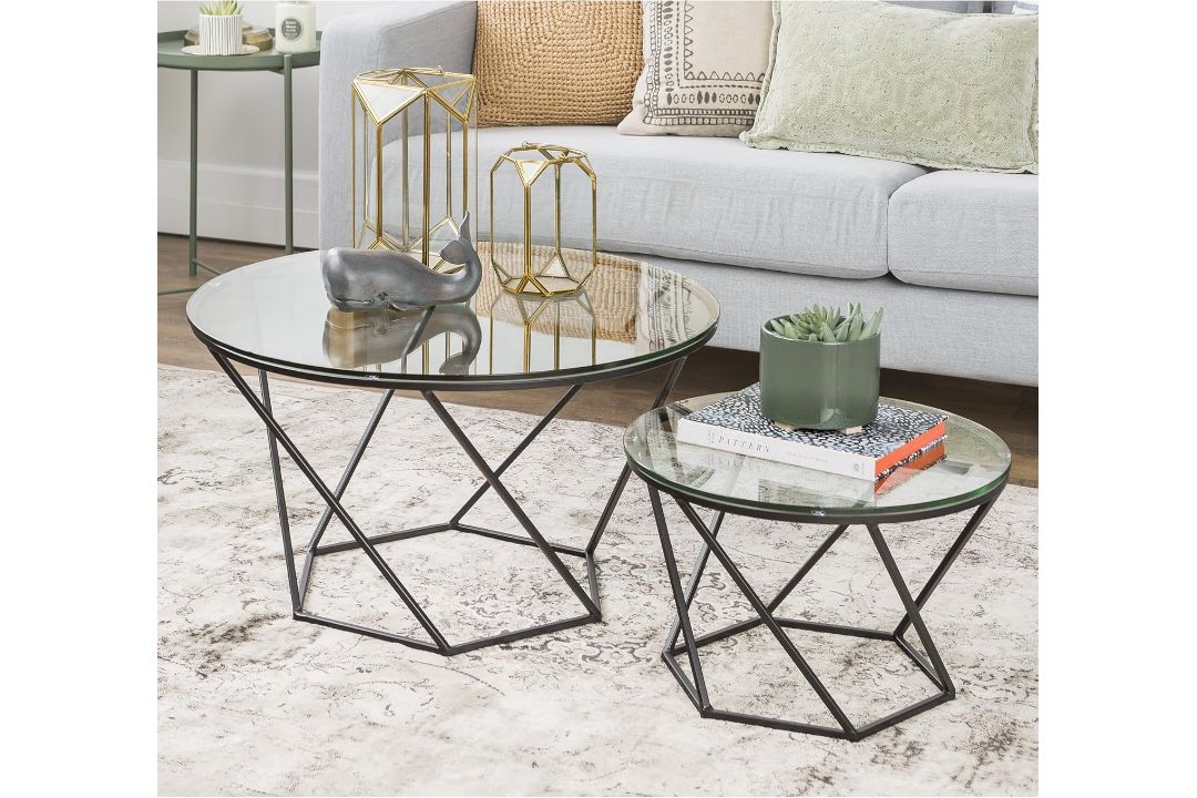 1 X WAYFAIR DESIGNS SET OF 2 NESTING TABLES GEOMETRIC DESIGN, GLASS, BLACK RRP £299.99 - Image 1 of 5