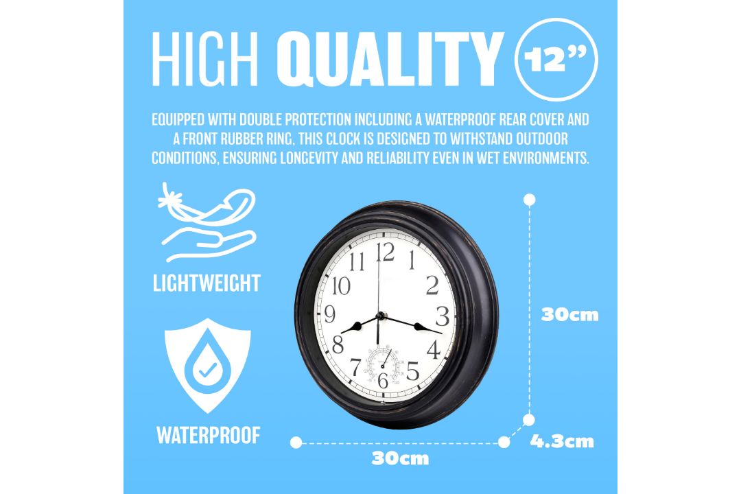 20 X 12" BLACK WALL CLOCK WATERPROOF INDOOR OUTDOOR QUARTZ MOVEMENT - RRP £240 - Image 3 of 7