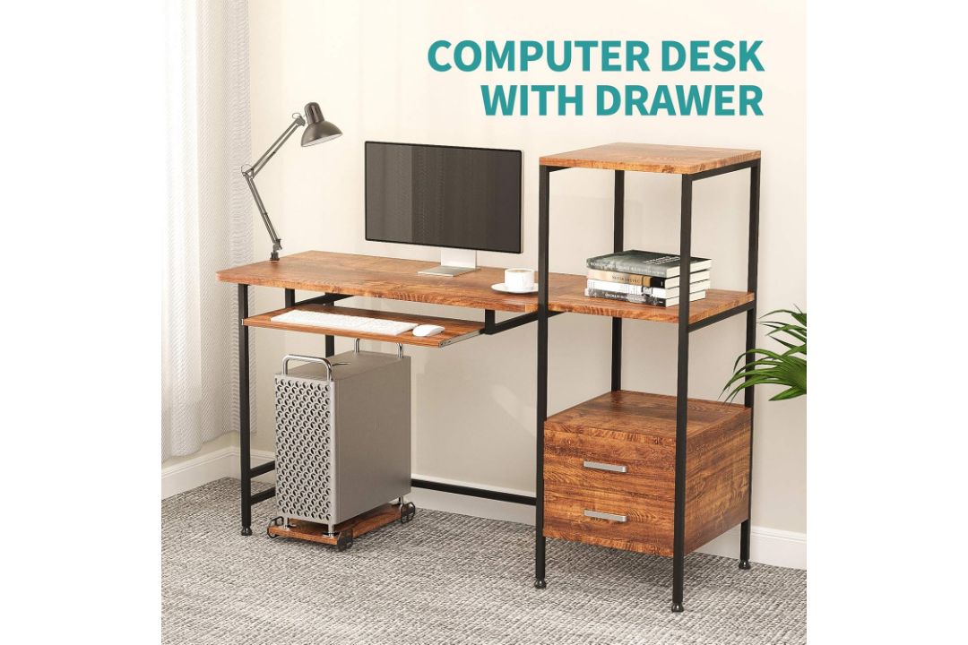MECOR COMPUTER DESK 2 DRAWER/KEYBOARD TRAY, 55" WORKSTATION FOR HOME OFFICE WALNUT BROWN - Image 1 of 8