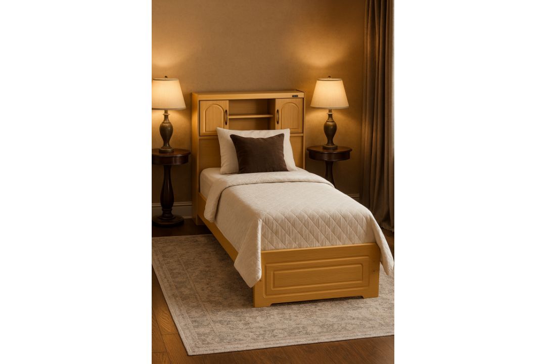 SINGLE WOODEN BED WITH STORAGE HEADBOARD