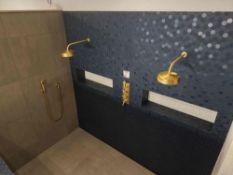 Haus Twin headed shower hoods with hand held shower unit and hidden mixer taps in matt brass