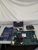 Contents of table to include Black and decker heat gun, SDS drill bits, titan KCS48-76 as lotted