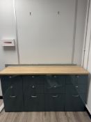 Grey gloss veneered multi drawer sideboard with oak top