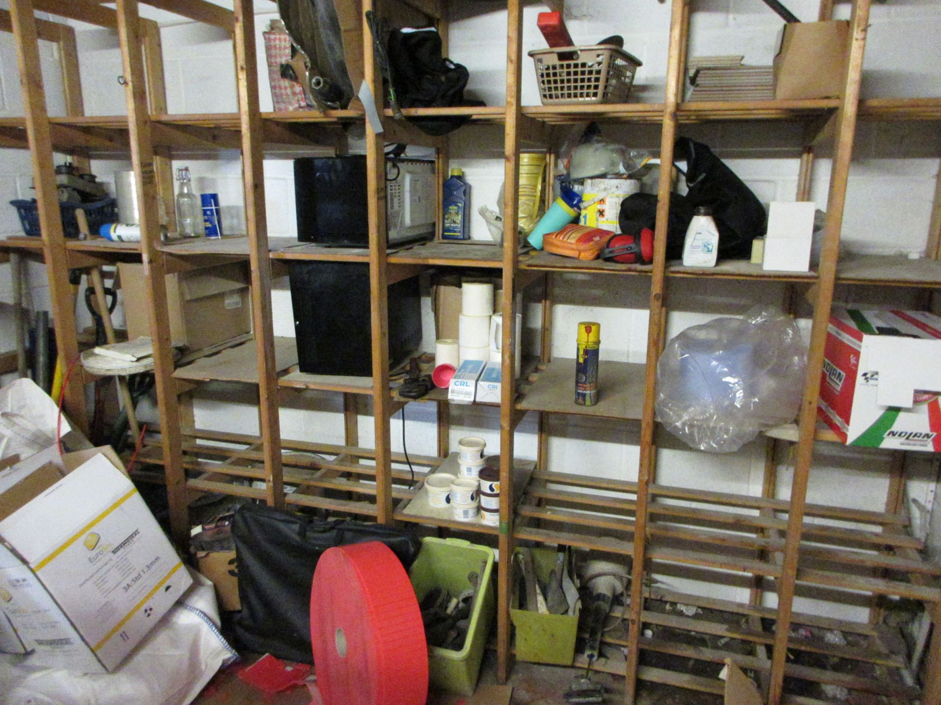 Loose contents of storage room to include fuel cans, pedestal fans, tools, hand tools, microwaves, - Image 7 of 9