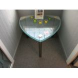 Glass shield shape side table, 800 x 800mm