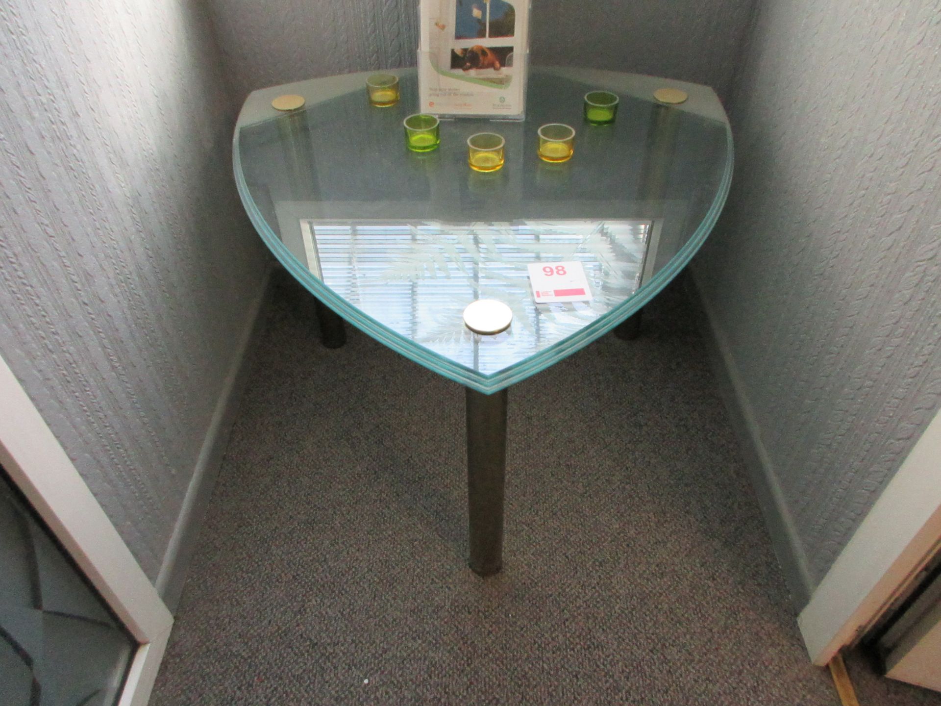 Glass shield shape side table, 800 x 800mm