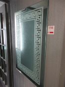Wall mounted etched motif mirror, 600 x 900mm