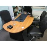 Darkwood effect curved work station, 3 drawer under pedestal, 3 x various swivel chairs