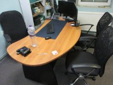 Darkwood effect curved work station, 3 drawer under pedestal, 3 x various swivel chairs