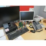 HP Core i5 desk top computer, 2 x flat screen monitors, keyboard, mouse & SATO label printer