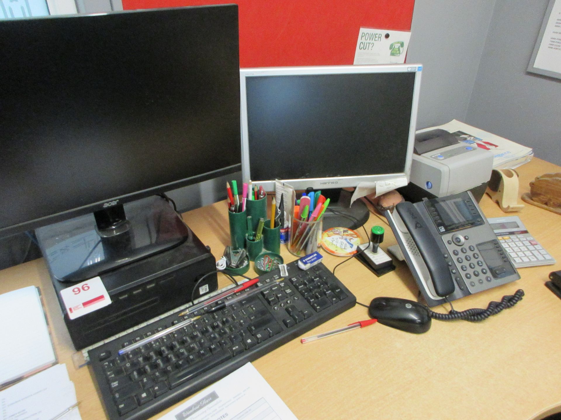 HP Core i5 desk top computer, 2 x flat screen monitors, keyboard, mouse & SATO label printer