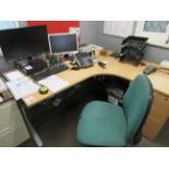 Lightwood effect corner work station, pedestal, 2 x upholstered chairs