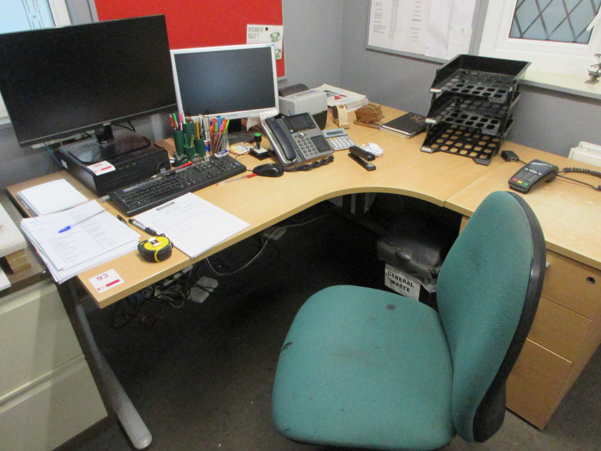 Lightwood effect corner work station, pedestal, 2 x upholstered chairs