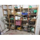 Loose contents of storage room to include fuel cans, pedestal fans, tools, hand tools, microwaves,