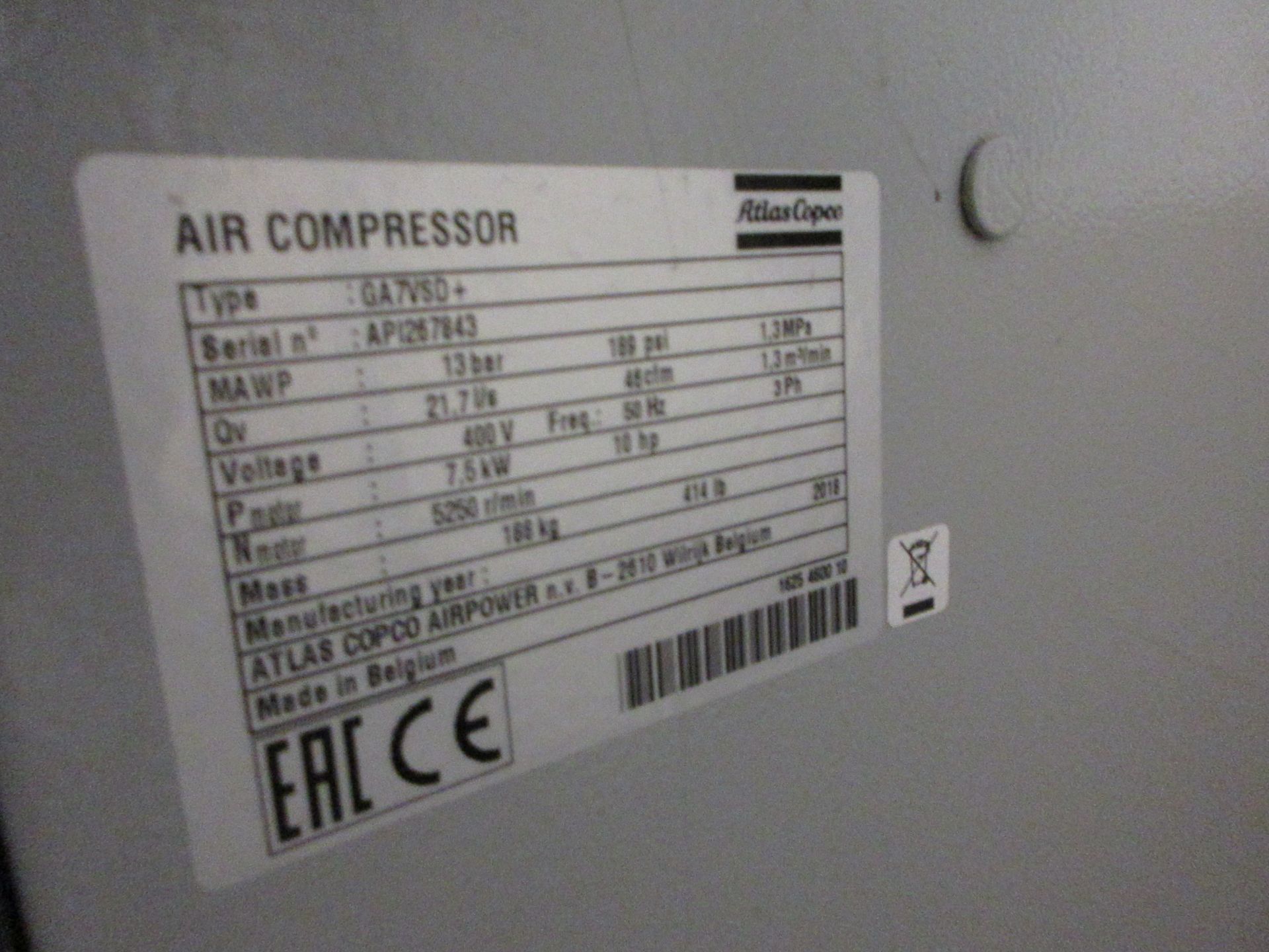 Atlas Copco GA7VSD+ packaged air compressor, serial no. AP1287843 (2018) PoWRA: A ‘point of work’ - Image 3 of 4