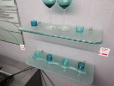 Two glass shelves, 1 x 600 x 220mm, 1 x 590 x 220mm with various tee light holder, 2 x coloured