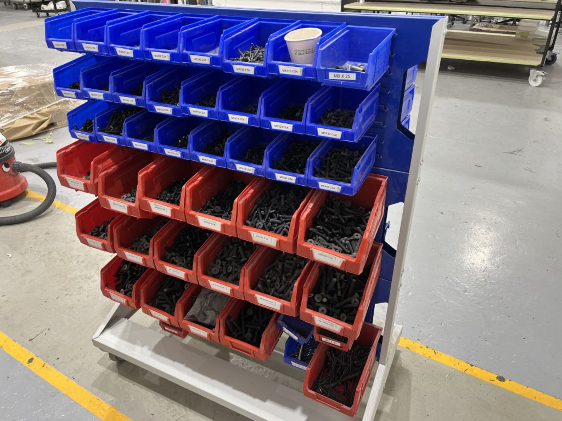 Lin Bin Box Racking Mobile Lin bin rack with Lin bins and contents