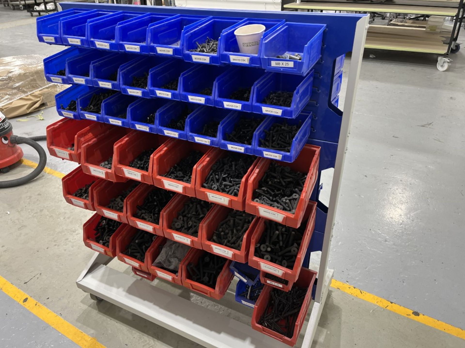 Linbin Racks Take A Lot Mobile Lin bin rack with Lin bins and contents
