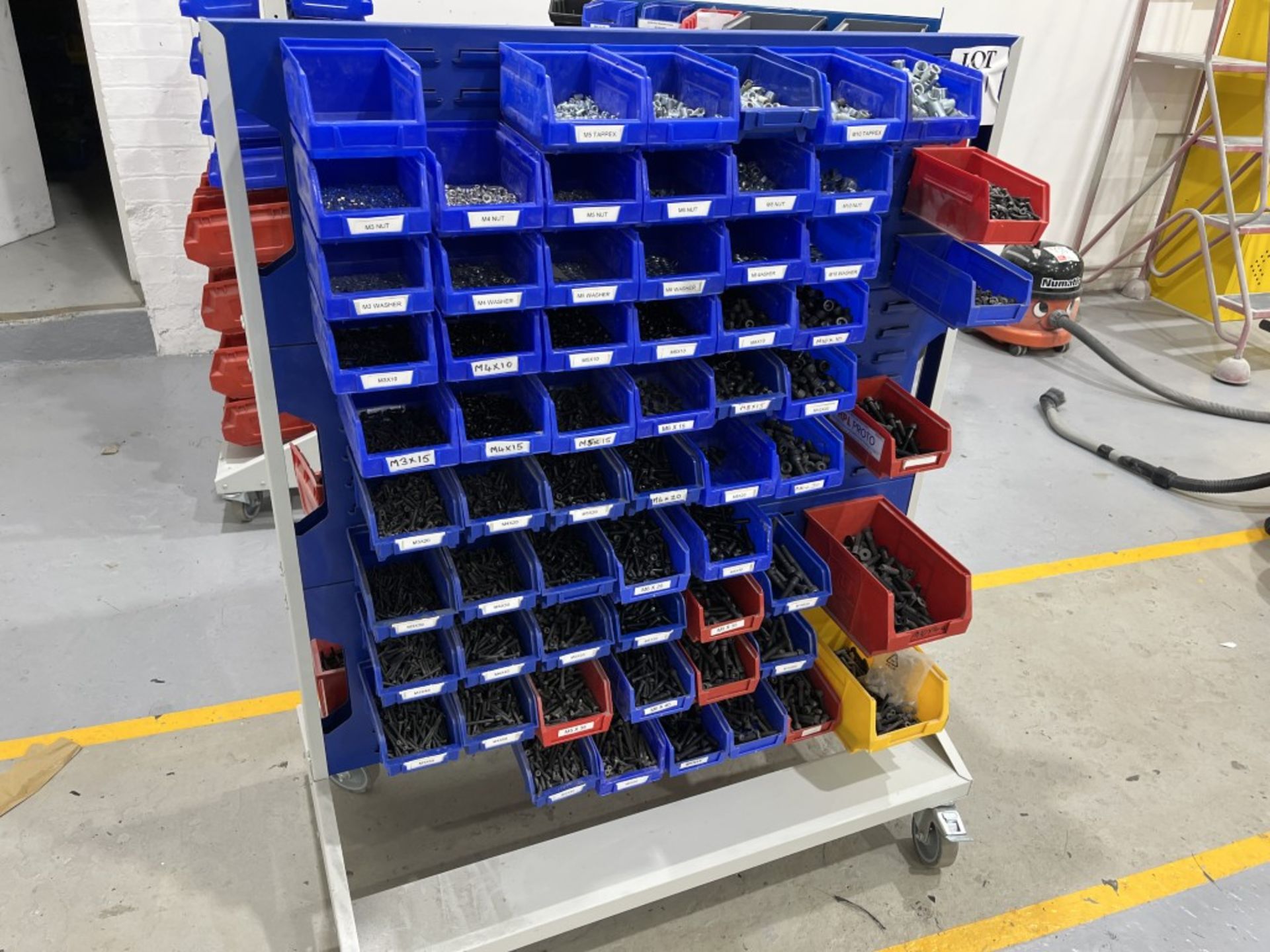 Lin Bin Box Racking Mobile Lin bin rack with Lin bins and contents