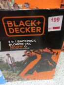 Black & Decker BEBLV 301 3 in 1 3000w backpack blower vac, 2 pin plug, 12m power cord included,