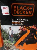Black & Decker BEBLV 301 3 in 1 3000w backpack blower vac, 2 pin plug, 12m power cord included,