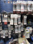 Contents of shop display rack including Bosch wood & paint sanding belts various grades,