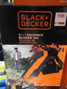 Black & Decker BEBLV 301 3 in 1 3000w backpack blower vac, 2 pin plug, 12m power cord included,