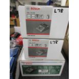 Three various Bosch 12v/36v chargers, assorted Flex, Bosch & Metabo batteries