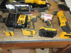 Five assorted Dewalt cordless power tools including angle Drill, 3 x impact drills, chucked drill, 2